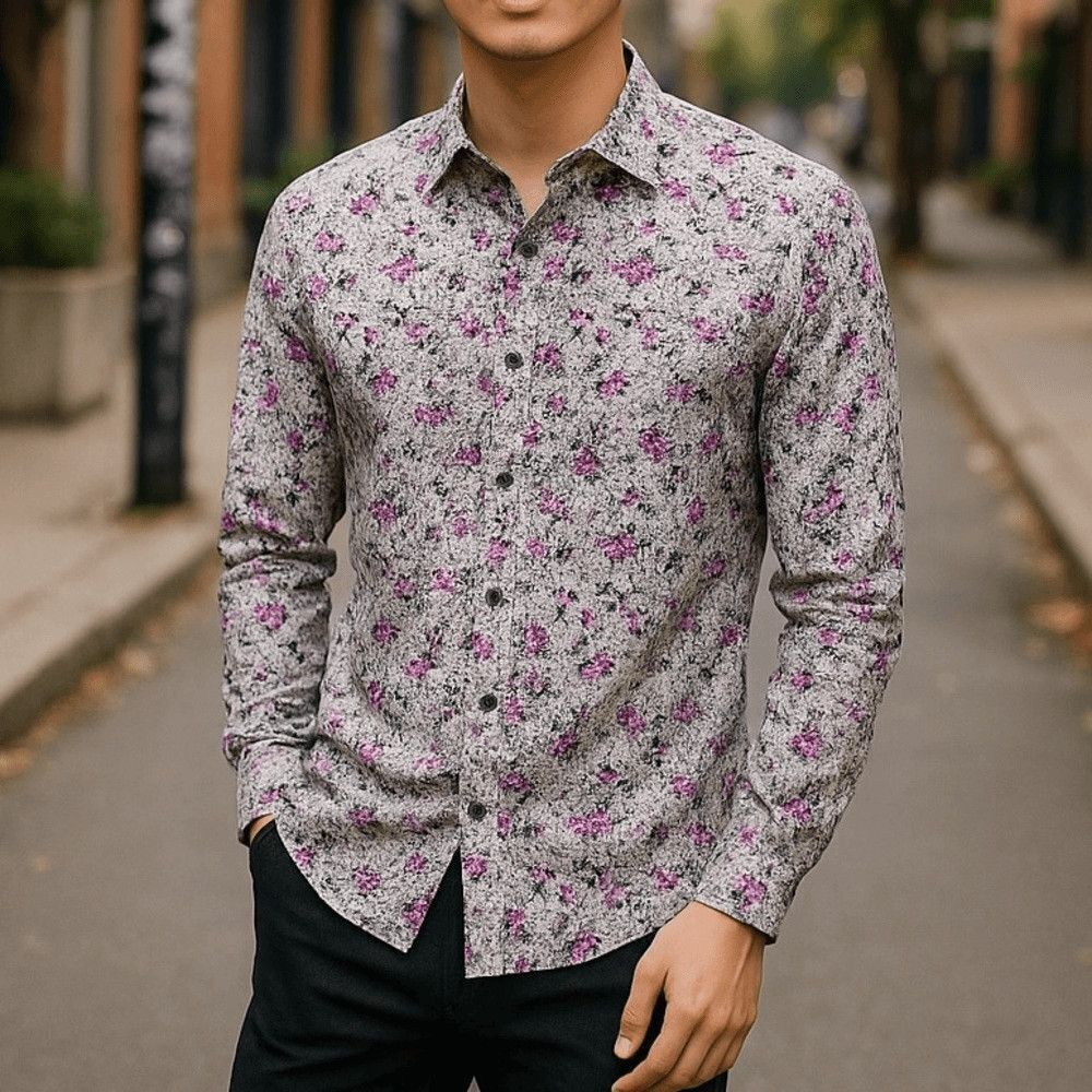 Barabas Printed Button Down Short Sz Large Floral Print White Blk Purple